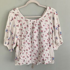 Free People Women’s Floral White Short Sleeve Blouse Top Shirt Size Large NWT